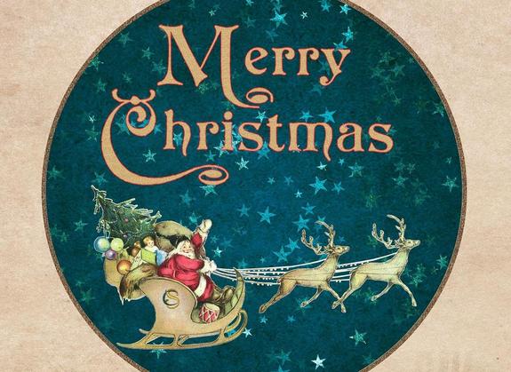 Eine alte Weihnachtskarte. Sie zeigt den Weihnachtsmann in seinem Schlitten am Sternenhimmel. Darüber steht "Merry Christmas".