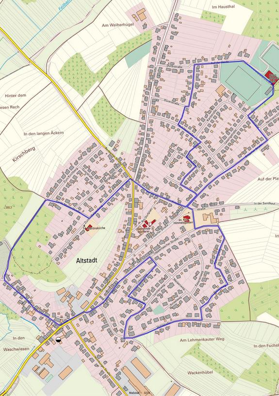 Kartenausschnitt mit Routenverlauf des Nikolauses durch die Straßen von Altstadt