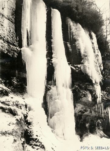Winterliche Wasserfelsen im Kirkeler Wald, schwarz-weiß Aufnahme